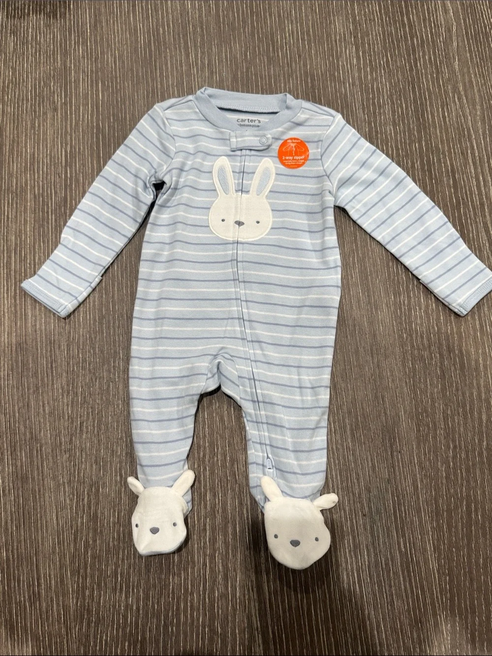 NWT Size newborn Carter's Blue & White Striped Bunny Footed One-Piece